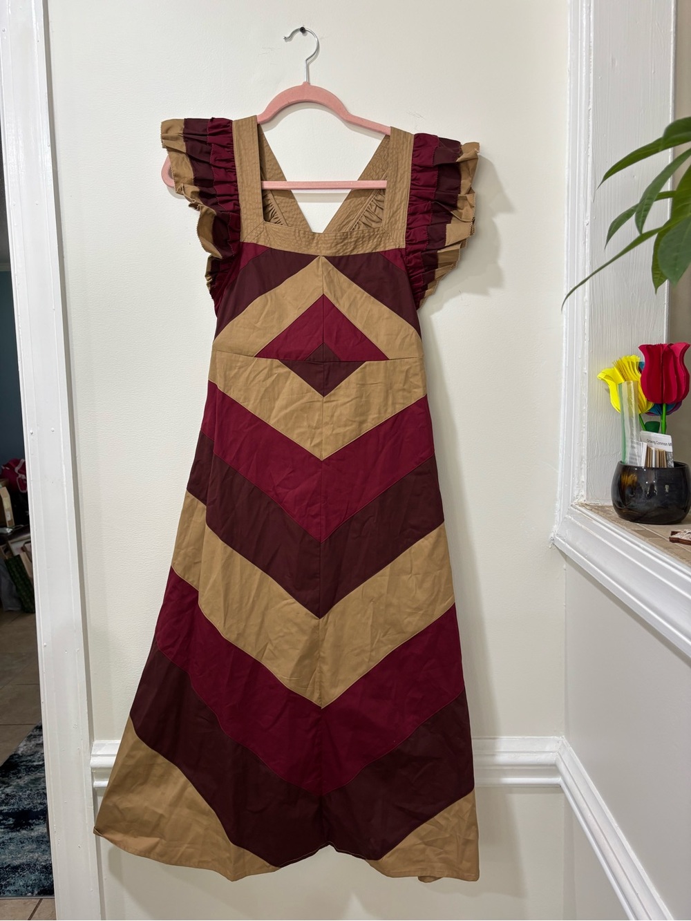 Women’s Sleeved Chevron Maxi Dress in Burgundy and Tan